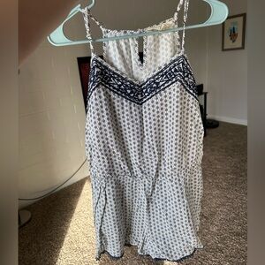 Sweet Wanderer Navy and White Patterned Jumpsuit with Embroidery